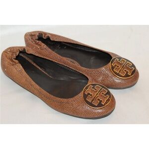 Tory Burch REVA Coconut Brown Stingray Brown Leather Logo Ballet Flats